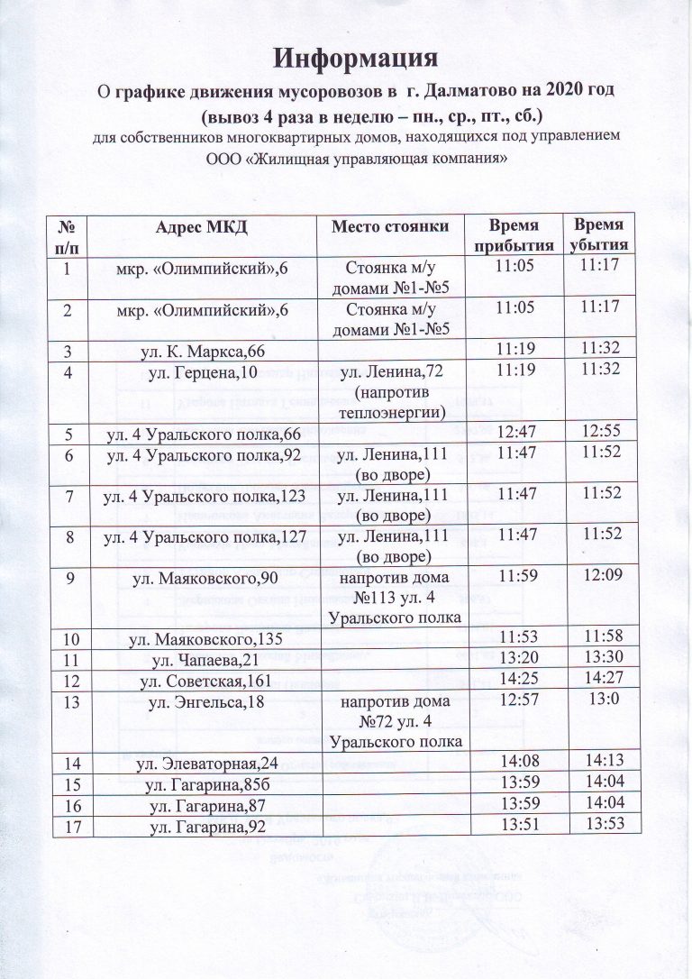 График вывоза твердых бытовых отходов - ЖУК